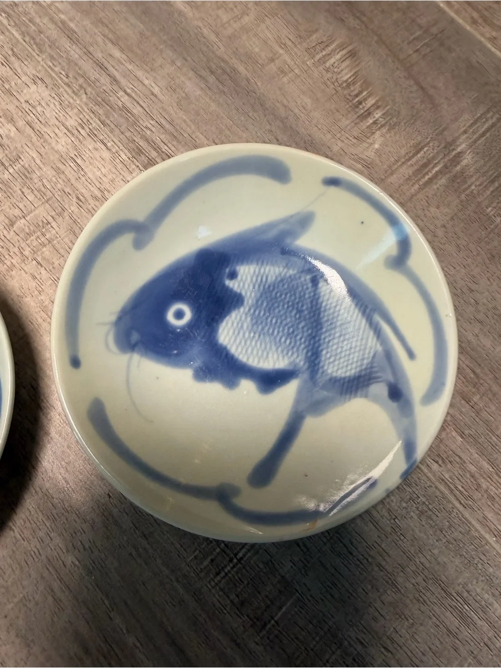 2 Vintage 7” Chinese Koi Fish Blue White Porcelain Plates